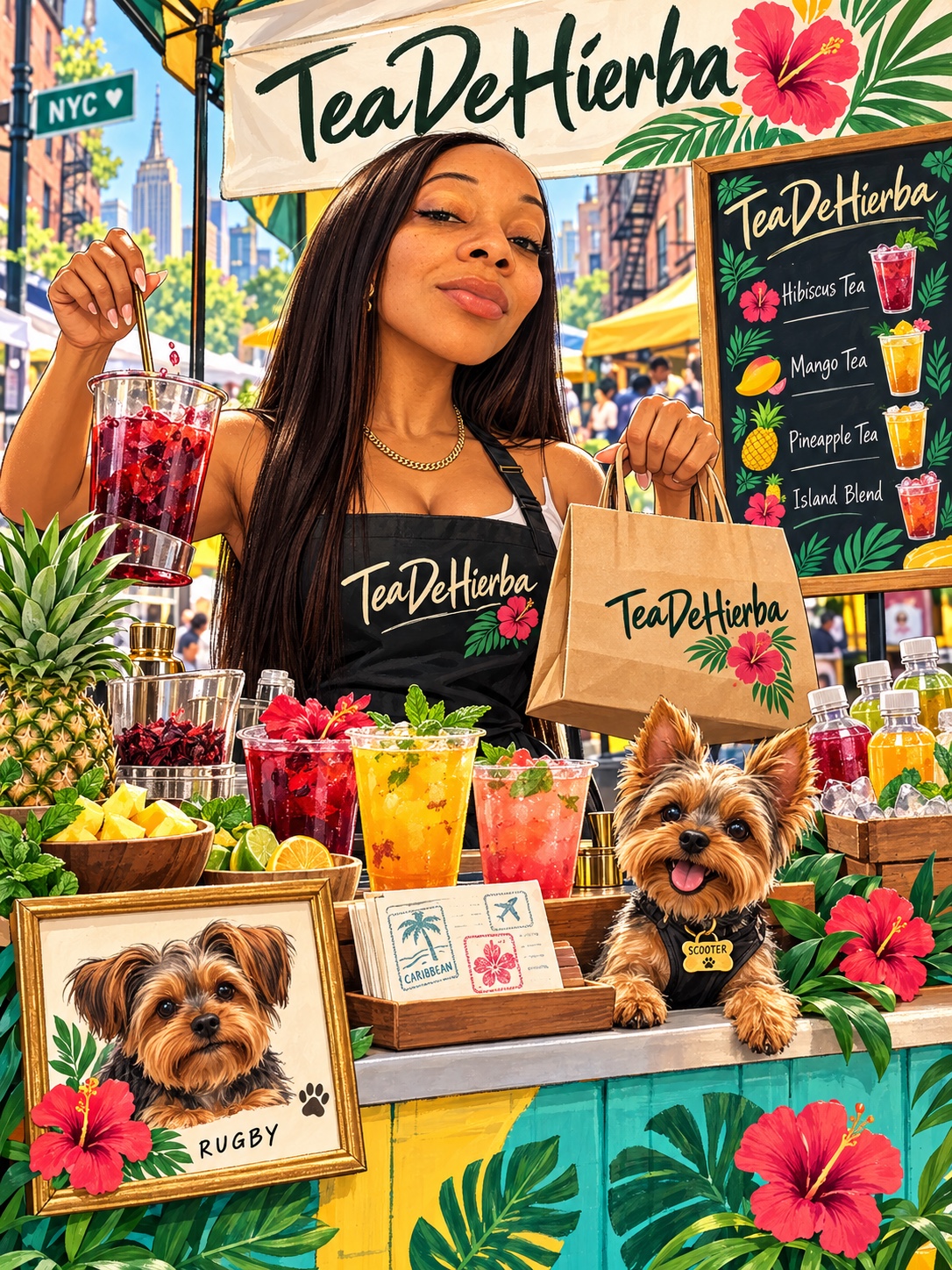 TeaDeHierba founder at a colorful pop-up with Rugby artwork