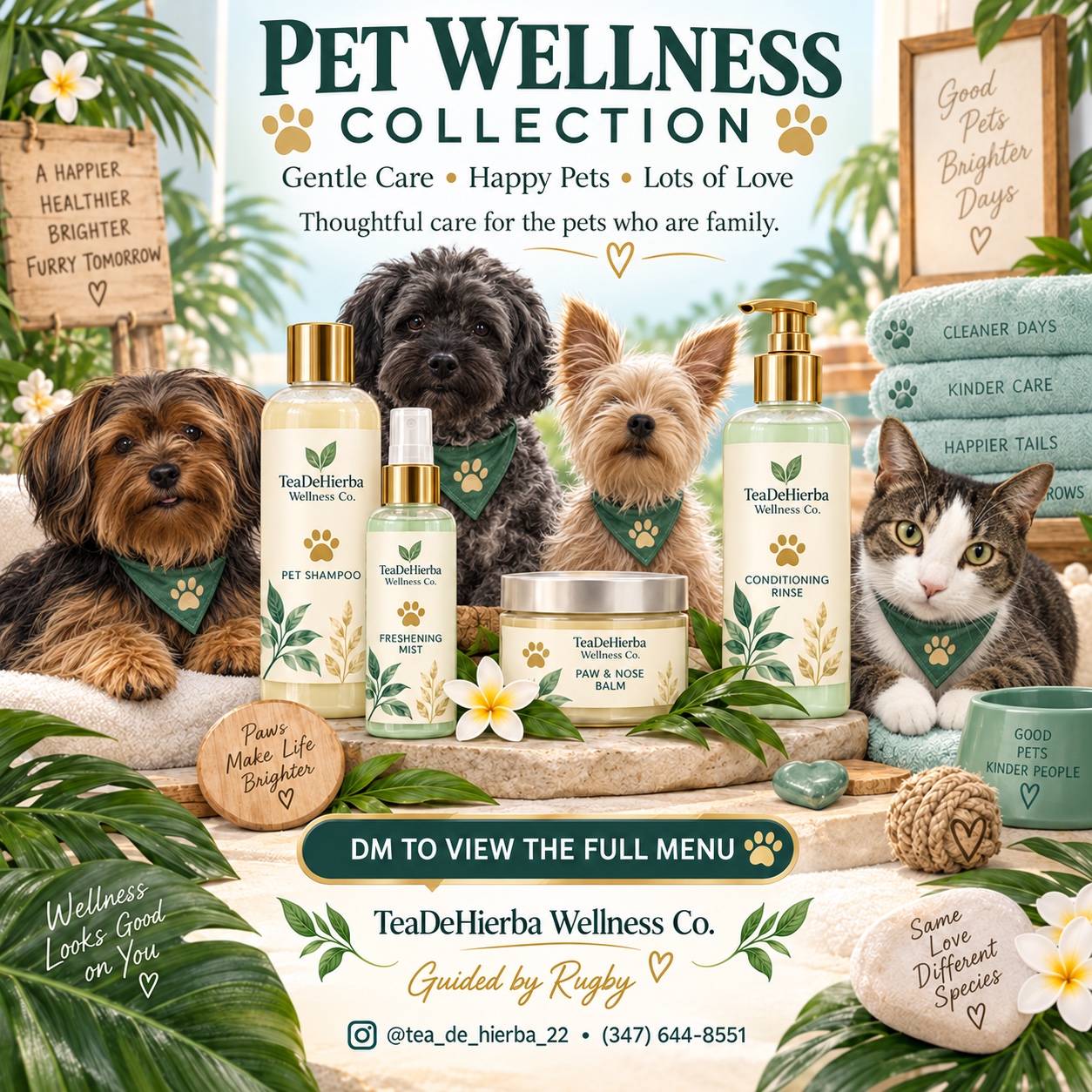 Pet wellness products with dogs and a cat