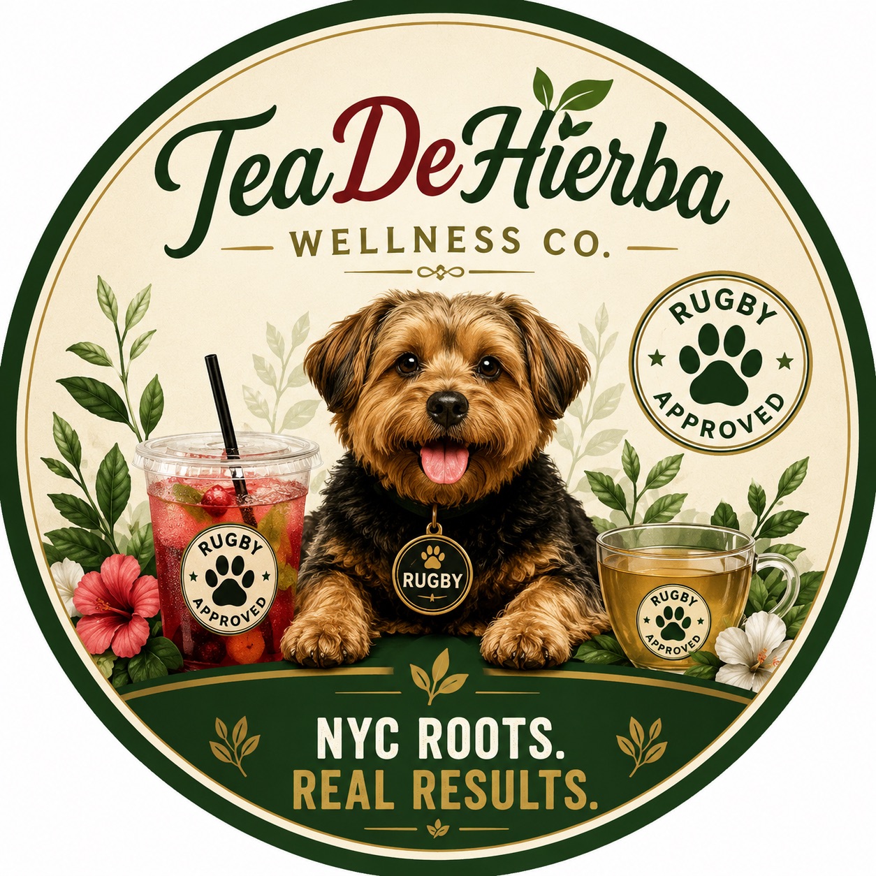 TeaDeHierba Wellness Co. logo featuring Rugby, the Yorkie mascot